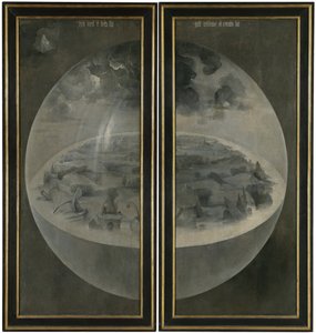De schepping van de wereld die de kosmische sfeer van de aarde voorstelt (Bolle). Achterkant van de panelen van het drieluik 