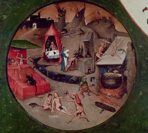 Tafelblad van de Zeven Hoofdzonden en de Vier Laatste Dingen, detail van de Hel, c.1480 (olie op paneel) door Hieronymus Bosch