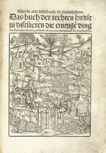 Titelpagina, met kruiden distilleerderijen en figuren in een landschap door Hieronymus Brunschwig