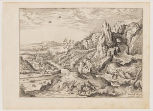 Abraham en Isaak op weg naar het offer, uit Landschappen met Bijbelse en Mythologische Scènes