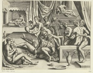 Badende mannen en vrouwen door Hieronymus Cock