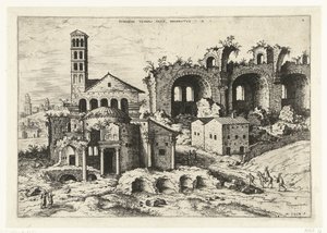 Gezicht op de Tempel van Romulus en de basiliek van Constantijn door Hieronymus Cock