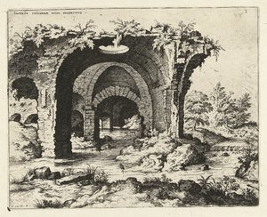 Gezicht op een ruïne te Rome door Hieronymus Cock