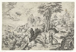 Landschap met het offer van Isaak door Hieronymus Cock