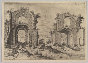 Tweede uitzicht op de baden van Diocletianus, uit de set Romeinse ruïnes, 1550 door Hieronymus Cock