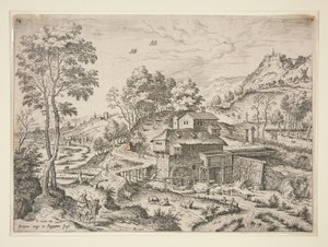 De Vlucht naar Egypte, uit Landschappen met Bijbelse en Mythologische Scènes door Hieronymus Cock