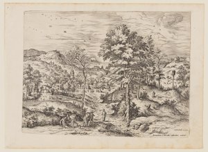 De barmhartige Samaritaan, uit Landschappen met bijbelse en mythologische scènes door Hieronymus Cock