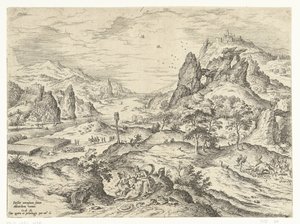 Venus treurt over de dood van Adonis Landschappen met bijbelse en mythologische scènes (serietitel) door Hieronymus Cock