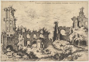 Uitzicht op ruïnes op de Palatijnse Heuvel met trabeate gevel links en arcades in het midden, 1550 door Hieronymus Cock