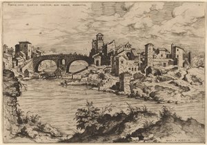 Uitzicht op de Ponte Quattro Capi en het eiland van de Tiber