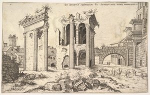 Uitzicht op niet-geïdentificeerde ruïnes met trabeate gevel links, arcades in het midden en boog rechts door Hieronymus Cock