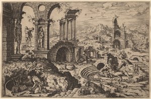 Sint Hiëronymus in een landschap met ruïnes door Hieronymus Cock after Maerten van Heemskerck