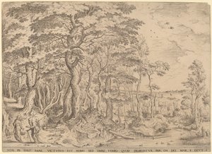 Landschap met de verzoeking van Christus door Hieronymus Cock after Pieter Bruegel the Elder