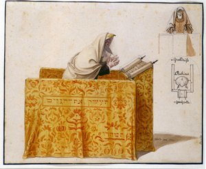 Rabbi in een synagoge, tekening door Hieronymus Hess, project voor beeldje. Joods Museum Basel, Zwitserland door Hieronymus Hess