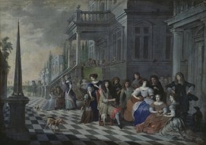Personages die muziek maken voor een paleis, 1672 door Hieronymus Janssens