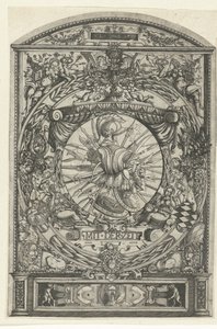 Medaillon met wapentrofee in ornamentale omlijsting door Hieronymus Wechinger