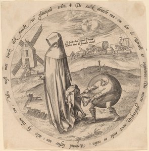De Misanthrope Bestolen door de Wereld door Hieronymus Wierix after Pieter Bruegel the Elder