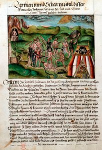Venezolanen vallen Spaanse conquistadores aan, ca. 16e eeuw door Hieronyouse Koler