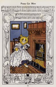 Poes Mew (kleur litho) door Hilda Broughton