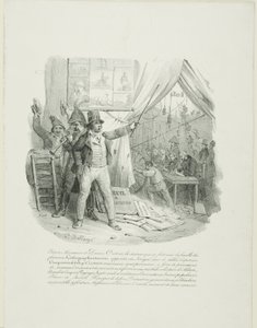 Kom binnen, dames en heren. Binnen ziet u de beroemde lithografie van de familieantoccini... Frontispice voor "Album van 1824". door Hippolyte Bellange