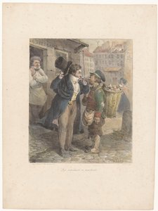 Deftig geklede heer ontsteekt zijn sigaar aan de pijp van een arbeider in lompen door Hippolyte Bellange