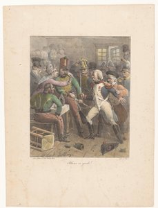 Twee soldaten kruisen de degens in een kroeg door Hippolyte Bellange