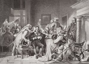 Karel I (1600-49) in de wachtkamer beledigd door de soldaten van Oliver Cromwell, uit 