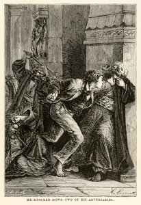 Hij sloeg twee van zijn tegenstanders neer, uit De Reis om de Wereld in Tachtig Dagen door Jules Verne (1828-1905), gegraveerd door Louis Dumont (b.1822), 1873
