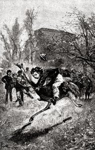 De jonge Service rijdt op een struisvogel. Gravure door Hippolyte Leon Benett