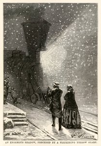 Een enorme schaduw, voorafgegaan door een flikkerende gele gloed, uit De Reis om de Wereld in Tachtig Dagen door Jules Verne (1828-1905) gegraveerd door Adolphe François Pannemaker (1822-1900), 1873
