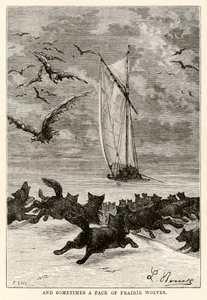 En soms een roedel prairie wolven, uit De Reis om de Wereld in Tachtig Dagen door Jules Verne (1828-1905) gegraveerd door Louis, 1873 door Hippolyte Leon after Benett