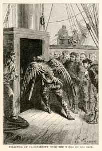 Gevolgd door Passepartout met de vleugels op zijn rug, uit De Reis om de Wereld in Tachtig Dagen door Jules Verne (1828-1905), gegraveerd door Adolphe François Pannemaker (1822-1900), 1873 door Hippolyte Leon after Benett
