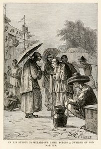 Tijdens zijn wandeling kwam Passepartout een aantal oude inboorlingen tegen, uit De Reis om de Wereld in Tachtig Dagen door Jules Verne (1828-1905), gegraveerd door Adolphe François Pannemaker (1822-1900), 1873 door Hippolyte Leon after Benett