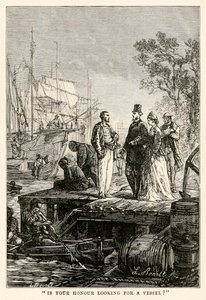 Zoekt uw eer een schip?, uit De Reis om de Wereld in Tachtig Dagen door Jules Verne (1828-1905), gegraveerd door Louis Prevost, 1873