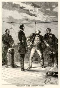 Piraat! riep Andrew Speedy., uit De Reis om de Wereld in Tachtig Dagen door Jules Verne (1828-1905) gegraveerd door Louis Dumont (b.1822) 1873 door Hippolyte Leon after Benett