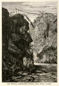De brug, volledig verwoest, viel met een klap, uit De Reis om de Wereld in Tachtig Dagen door Jules Verne (1828-1905) gegraveerd door Louis, 1873