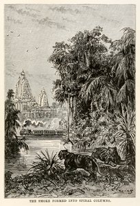 De rook vormde zich in spiraalvormige kolommen, uit De Reis om de Wereld in Tachtig Dagen door Jules Verne (1828-1905), 1873 door Hippolyte Leon after Benett