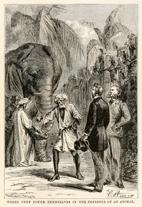 Daar bevonden ze zich in de aanwezigheid van een dier, uit De Reis om de Wereld in Tachtig Dagen door Jules Verne (1828-1905), gegraveerd door Adolphe François Pannemaker (1822-1900), 1873 door Hippolyte Leon after Benett