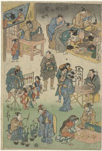 Avondmarkt met straattheater in de Joruri straat door Hiroshige (I) , Utagawa