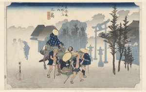 Mishima in ochtendmist (De 53 stations van de Tokaido) (Tokaido gojusan tsugi no uchi) (series title) door Hiroshige (I) , Utagawa