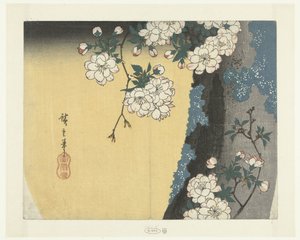 Mosachtige stam en kersenbloesems door Hiroshige (I) , Utagawa