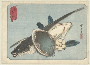 Platvissen, abalone en bessen door Hiroshige (I) , Utagawa