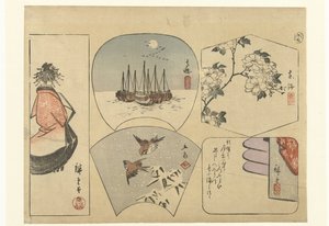 Vijf uitknipplaatjes door Hiroshige (I) , Utagawa