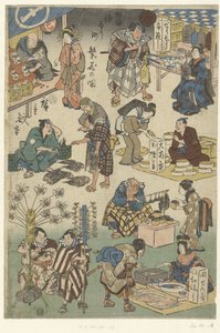 Zeven kraampjes op de avondmarkt in de Joruri straat door Hiroshige (I) , Utagawa