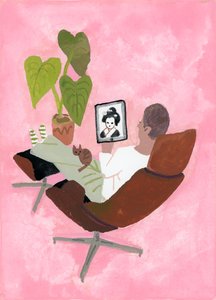 Een man die naar een geisha meisje op de iPad kijkt, 2017 door Hiroyuki Izutsu