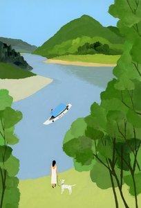 Een vrouw die naar het schip kijkt door Hiroyuki Izutsu
