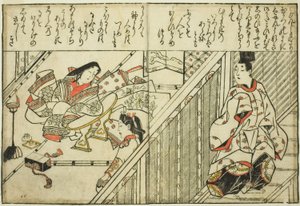 Bezoek aan de Dame Tamakazura, uit het geïllustreerde boek "Verzameling van Afbeeldingen van Schoonheden (Bijin e-zukishi)" door Hishikawa Moronobu