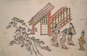 Bij de nieuwe Yoshiwara-poort door Hishikawa Moronobu