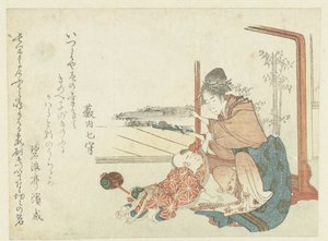 Vrouw speelt met een jong kind door Hishikawa Sori