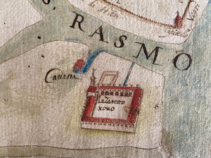 Lazzaretto Nuovo op een kaart van de 17e eeuw door Historical Document.
